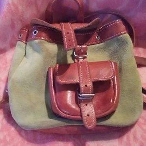 Green Suede, Brown Leather. Mini Backpack